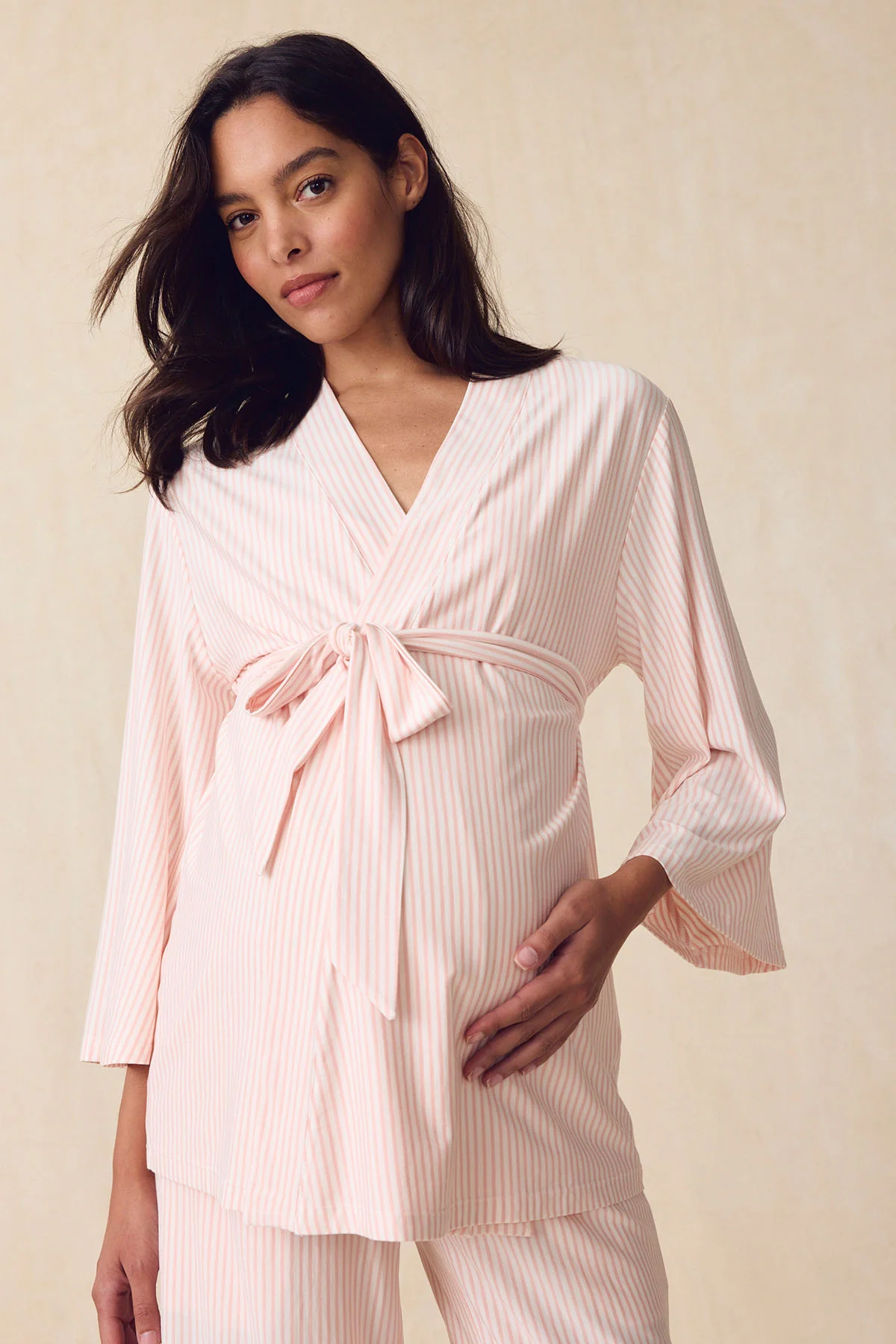 Maternity DreamModal™ Kimono Three-Piece Set in English Rose Pencil Stripe - Image 2
