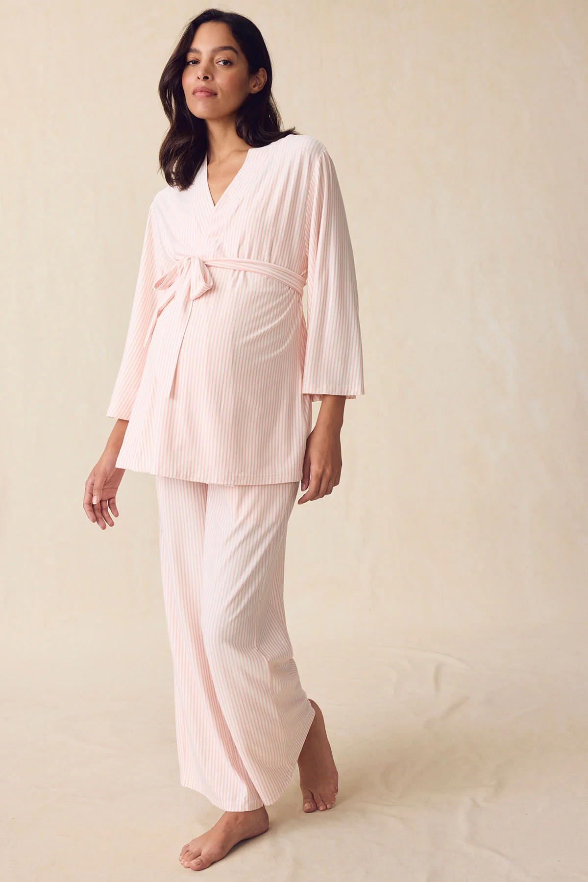 Maternity DreamModal™ Kimono Three-Piece Set in English Rose Pencil Stripe - Image 5