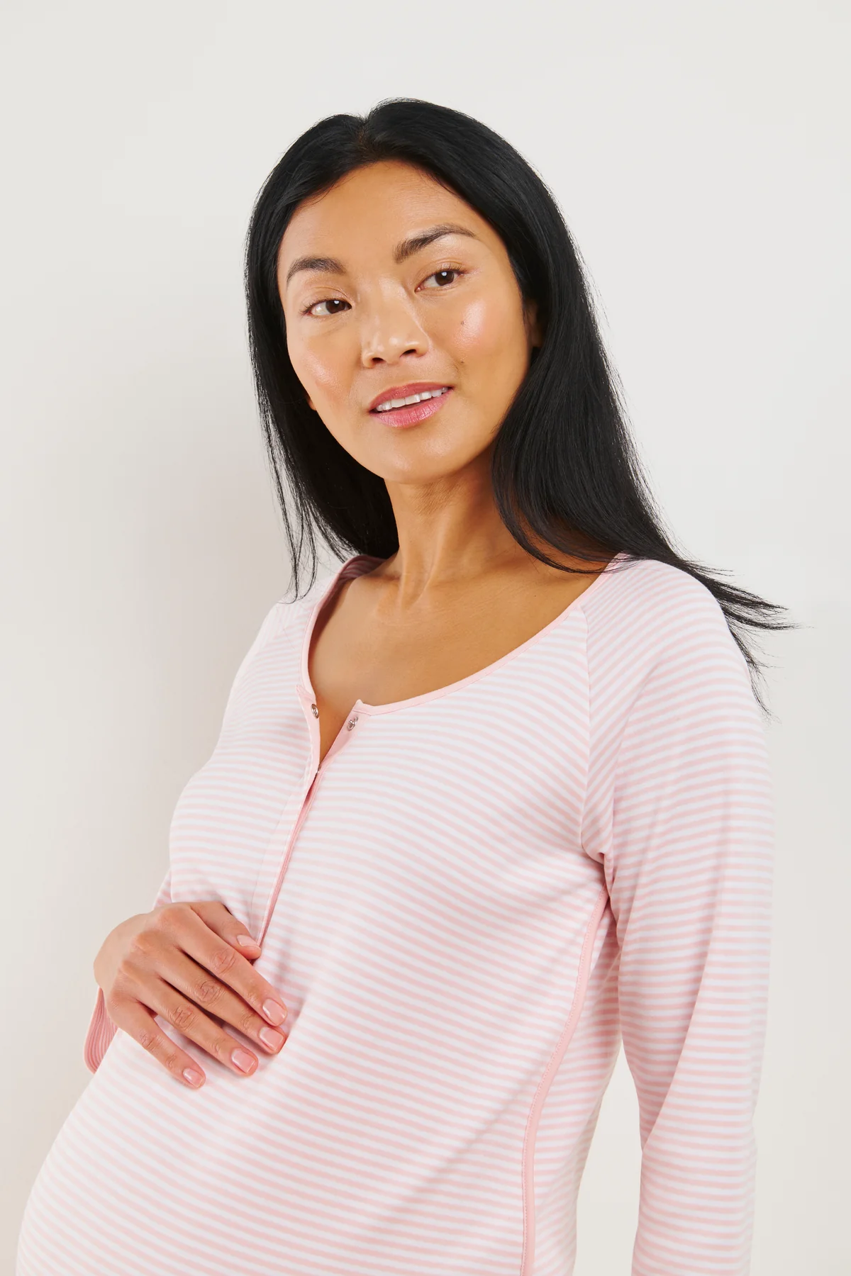 Pima Maternity Long Sleeve Nightgown in English Rose Stripe - Image 3