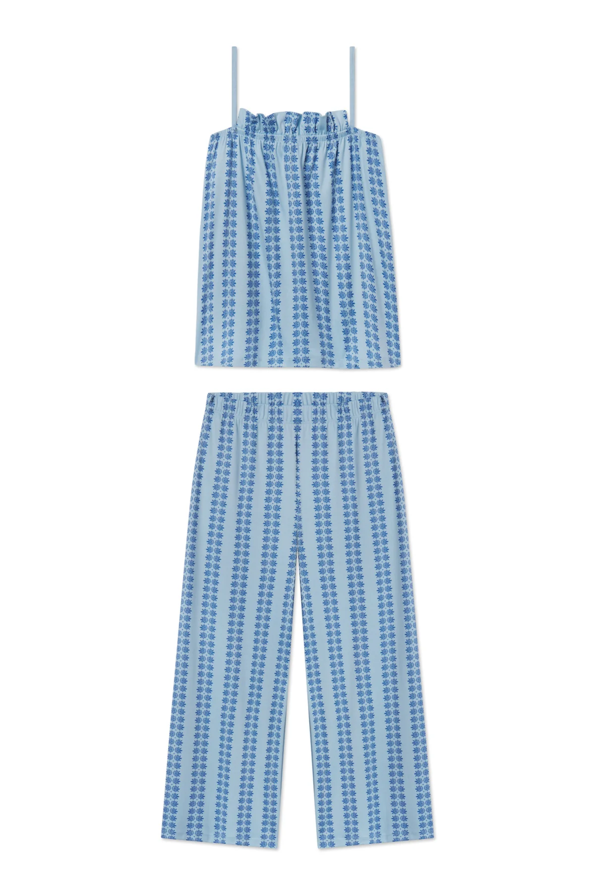 Pima Ruffle Pants Set in French Blue Trellis