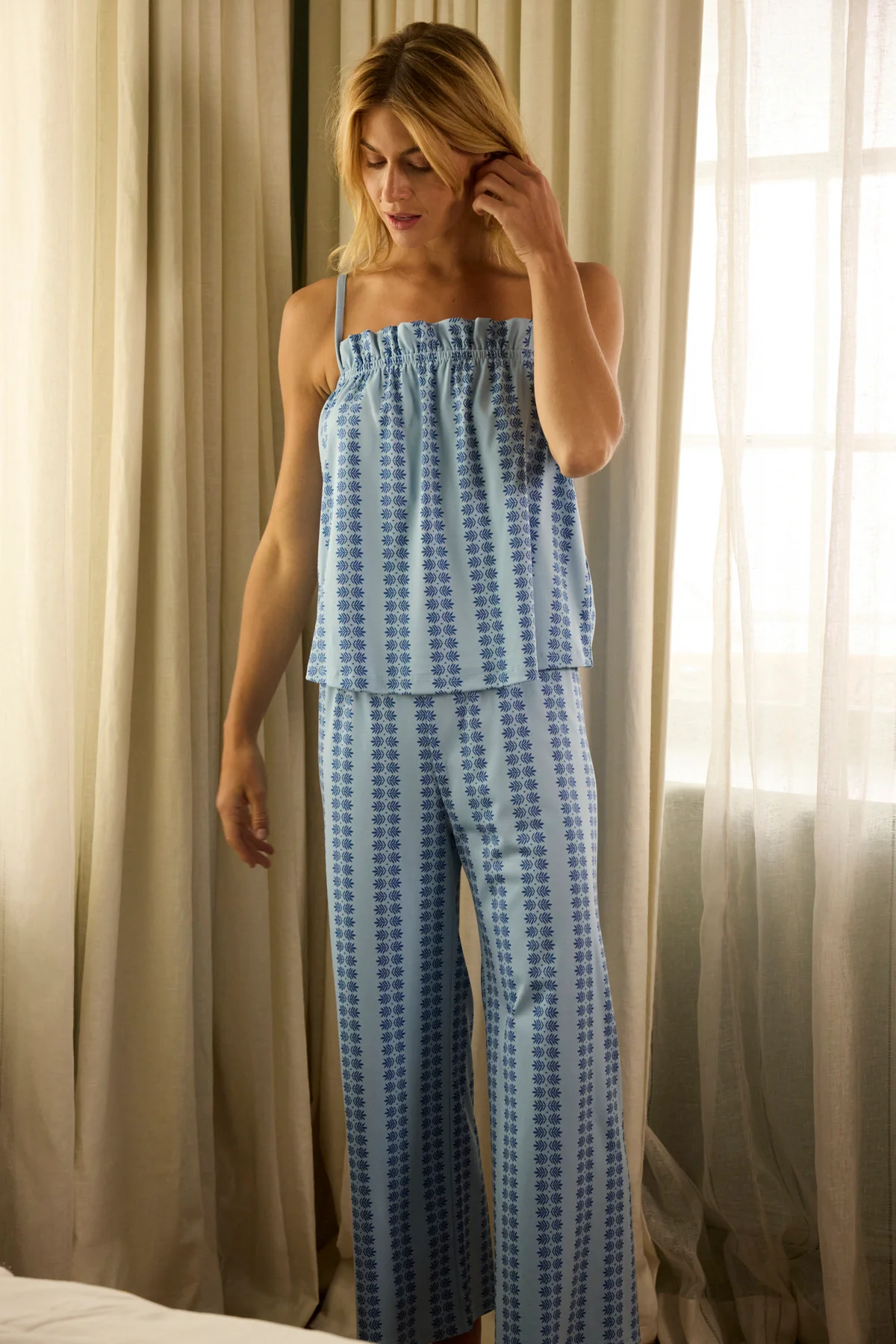 Pima Ruffle Pants Set in French Blue Trellis - Image 3