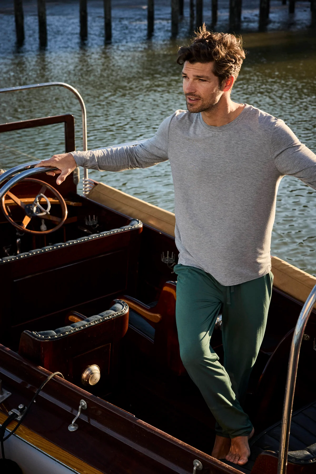 Men's Long Sleeve Bamboo Tee in Heather Gray - Image 3