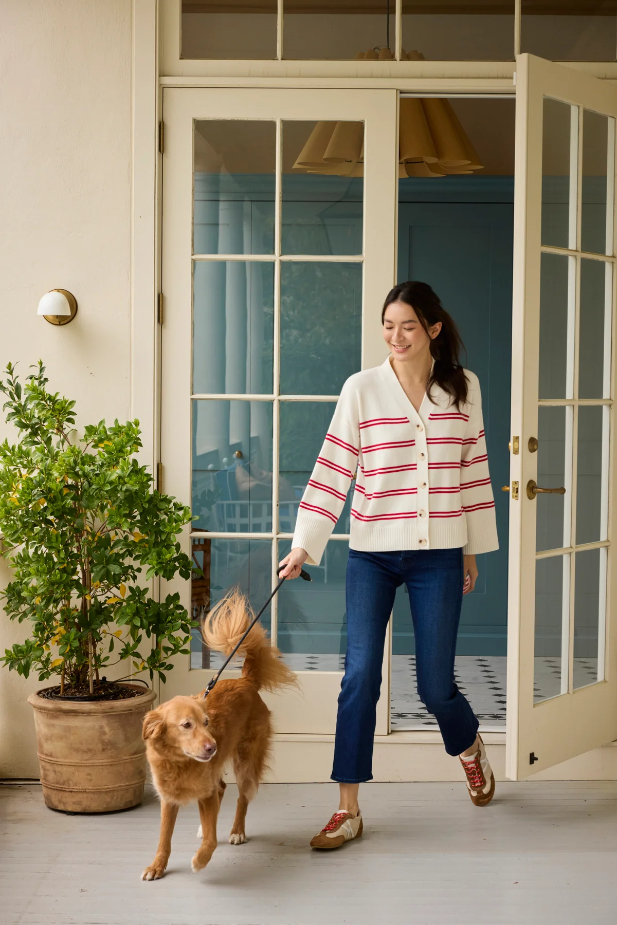 Nora Cotton Cardigan in Ivory Red Stripe - Image 4