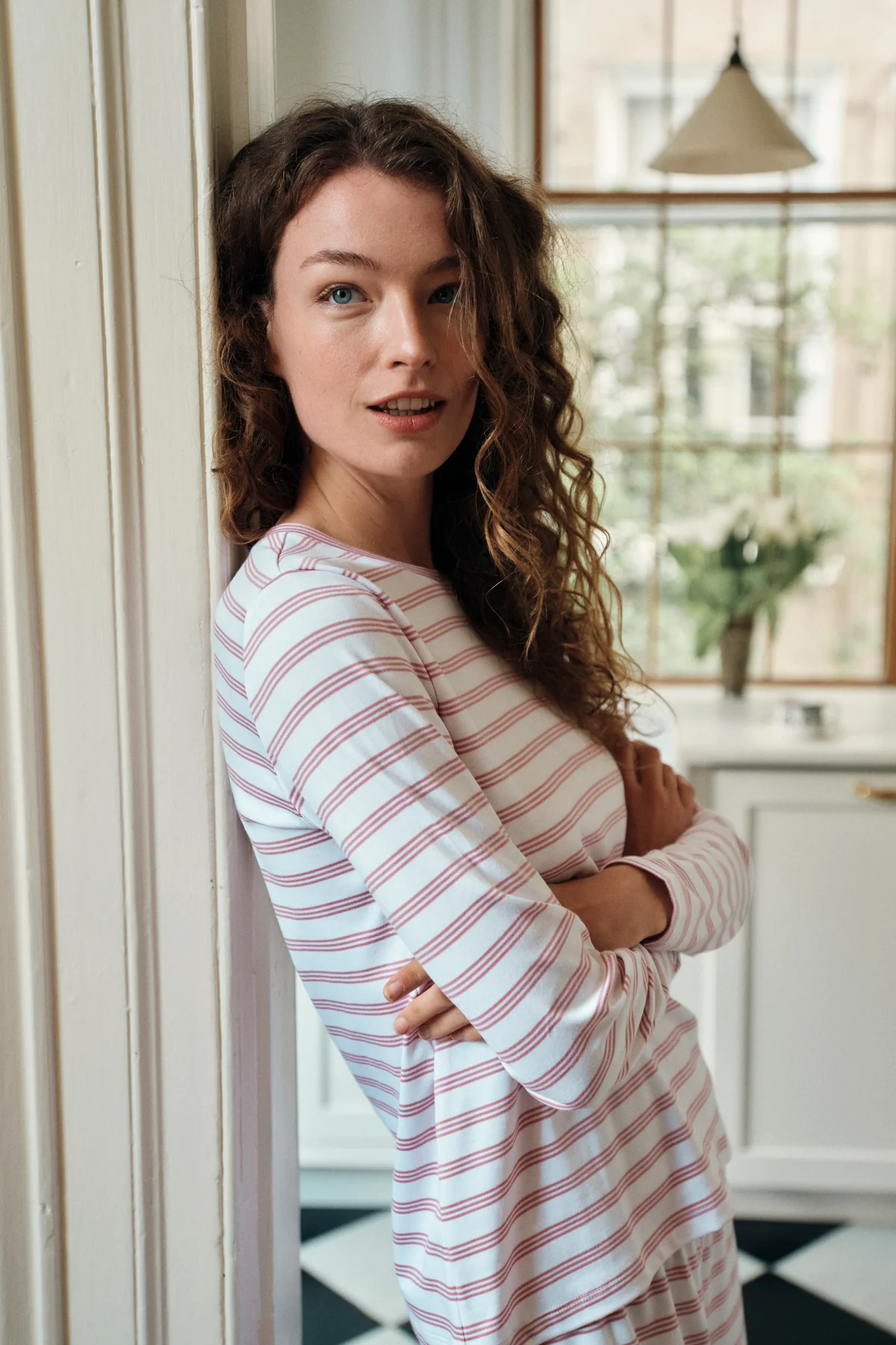 Pima Crew Long Sleeve Wide Leg Pajama Set in Light Camellia Triple Stripe - Image 3