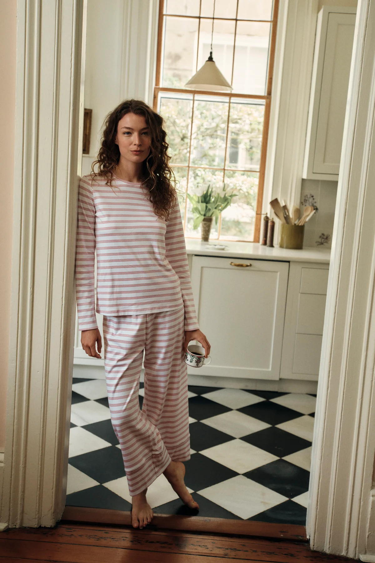 Pima Crew Long Sleeve Wide Leg Pajama Set in Light Camellia Triple Stripe - Image 4