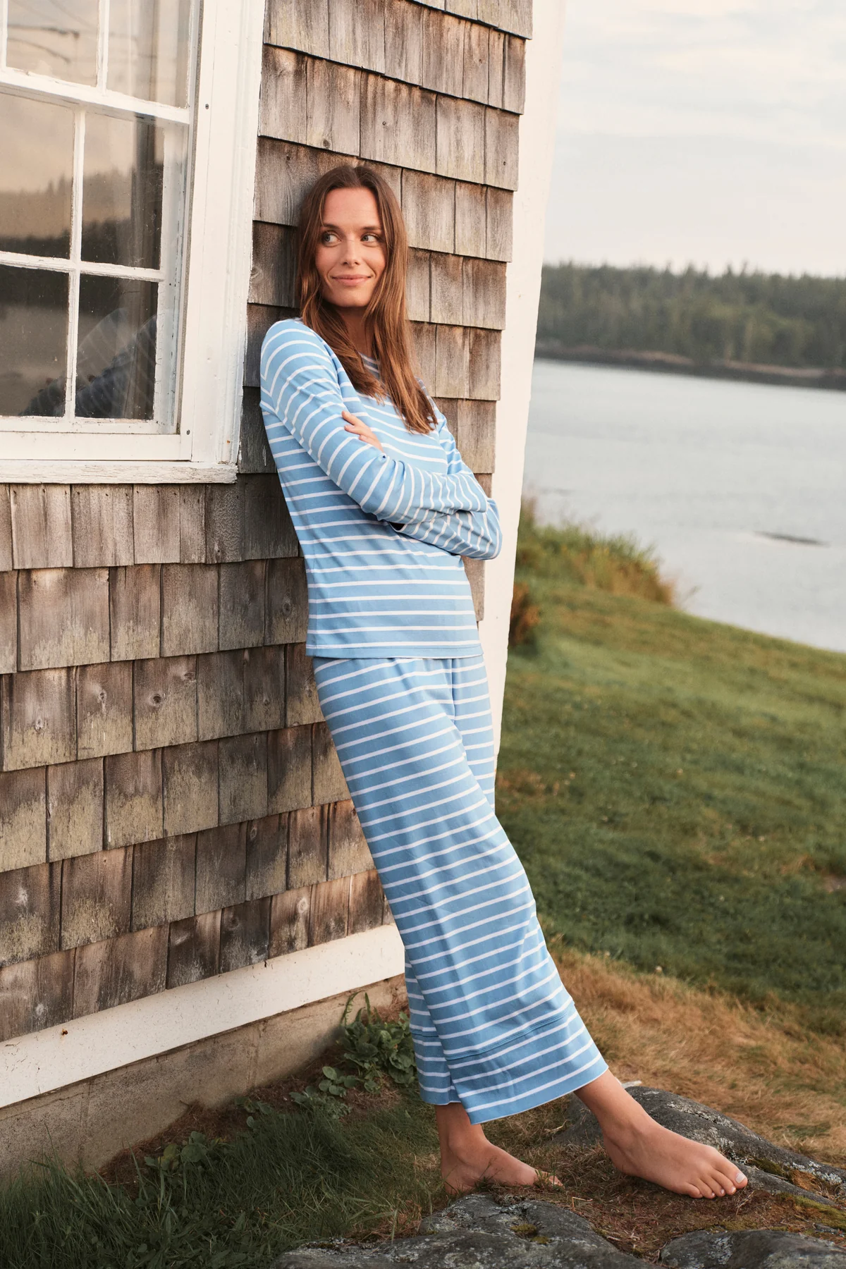 Pima Crew Long Sleeve Wide Leg Pajama Set in Serene Blue Anchor Stripe - Image 4