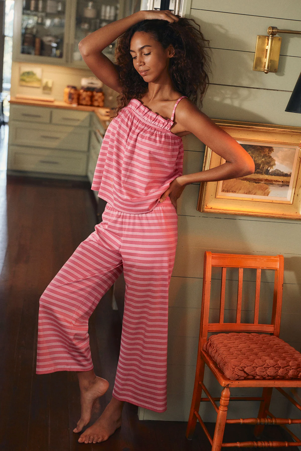 Pima Ruffle Pants Set in Winterberry Triple Stripe - Image 4
